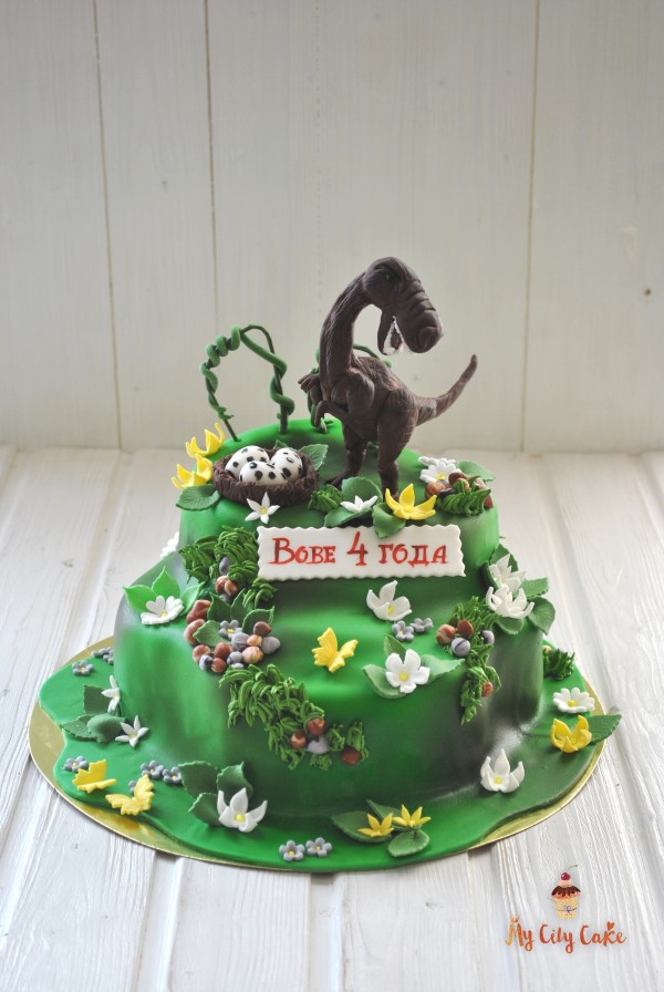 Двухъярусный торт с динозавром торты на заказ Mycitycake