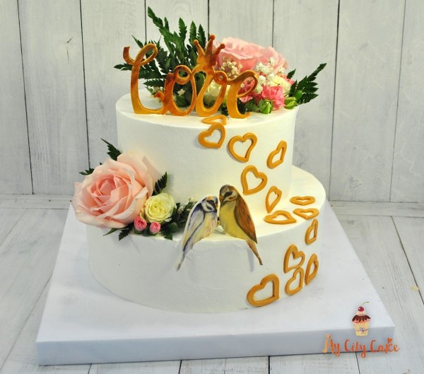 Свадебный торт с птичками и цветами торты на заказ Mycitycake